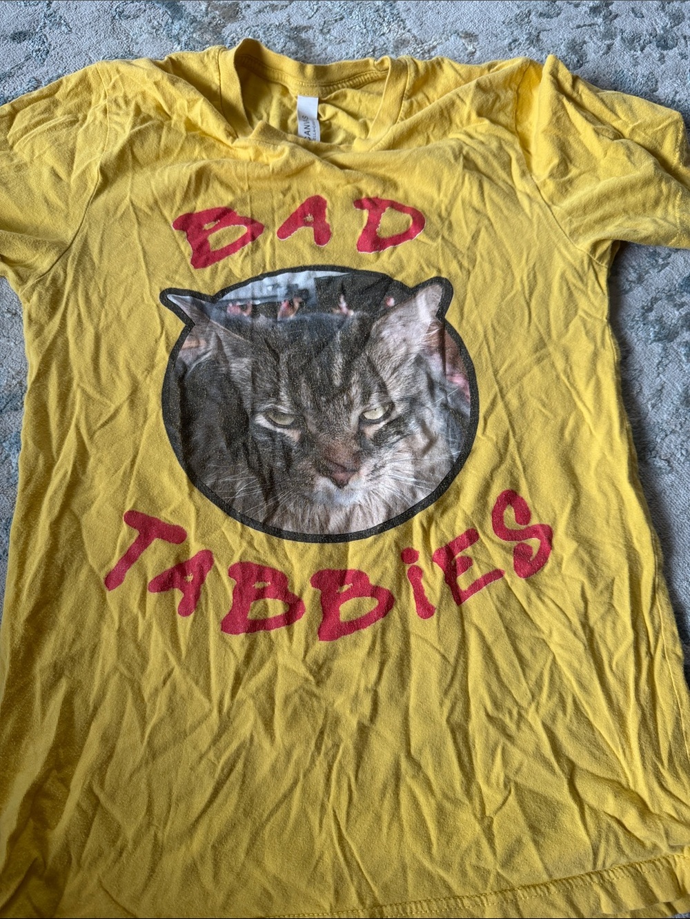 Bella Canvas Yellow Graphic Tee with Red 'Bad Tabbies' Print
